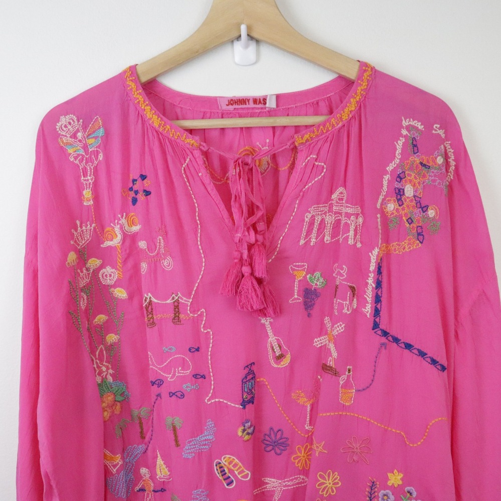 Johnny Was Zadonia Embroidered Tie Neck Blouse‎ 1X Fuchsia Pink - Picture 7 of 11